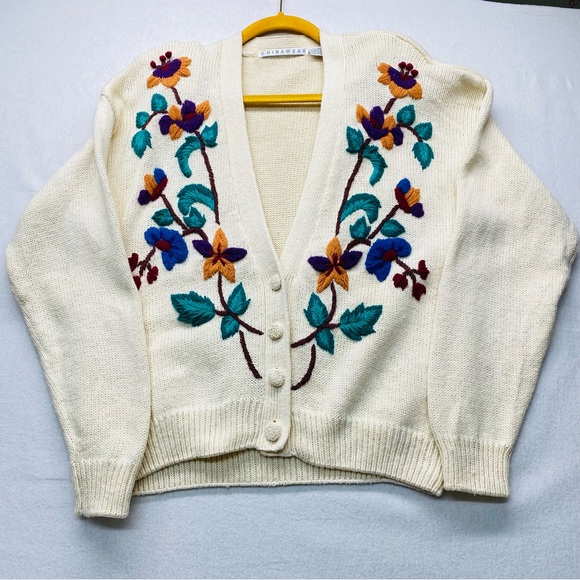 Chinawear Sweaters - Vintage Button Up Large Cardigan Sweater Embroidered Floral Cottagecore Grandma